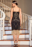 Sparkly Black Sheath Spaghetti Straps  Sequin Fringed Midi 1920s Dress