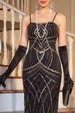 Sparkly Black Sheath Spaghetti Straps  Sequin Fringed Midi 1920s Dress