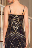 Sparkly Black Sheath Spaghetti Straps  Sequin Fringed Midi 1920s Dress