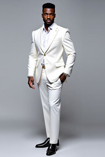 Textured Single Breasted Slim Fit 2 Piece White Men's Suit