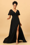 Black A Line Flutter Sleeves Long Chiffon Choir Dress with Slit