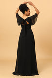 Black A Line Flutter Sleeves Long Chiffon Choir Dress with Slit