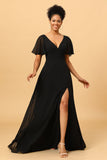 Black A Line Flutter Sleeves Long Chiffon Choir Dress with Slit
