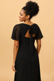 Black A Line Flutter Sleeves Long Chiffon Choir Dress with Slit