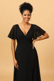 Black A Line Flutter Sleeves Long Chiffon Choir Dress with Slit