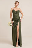 Olive Sheath Spaghetti Straps Satin Ruched Cowl Neck Long Bridesmaid Dress with Slit