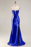 Metallic Golden Beaded Mermaid Corset Long Prom Dress With Slit