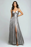 Sliver A Line Metallic Pleated Formal Dress With Slit