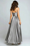 Sliver A Line Metallic Pleated Formal Dress With Slit