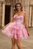 A-Line Cowl Neck Tiered Strapless Floral Print Corset Graduation Dress