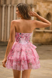 A-Line Cowl Neck Tiered Strapless Floral Print Corset Graduation Dress