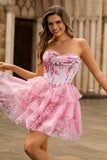 A-Line Cowl Neck Tiered Strapless Floral Print Corset Graduation Dress