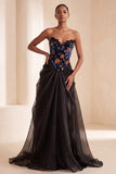 Black Velvet Lace Floral Ruched Corset A-Line Strapless Long Formal Dress
