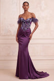 Off the Shoulder Purple Corset Ruched Mermaid Long Formal Dress with Feather