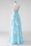 Blue A Line Ruffled Corset Long Floral Dress with Slit