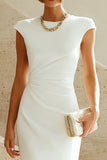 White Mermaid Round Neck Midi Work Dress with Cap Sleeves