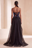 Black Velvet Lace Floral Ruched Corset A-Line Strapless Long Formal Dress