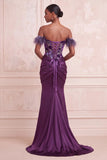 Off the Shoulder Purple Corset Ruched Mermaid Long Formal Dress with Feather