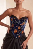 Black Velvet Lace Floral Ruched Corset A-Line Strapless Long Formal Dress