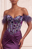 Off the Shoulder Purple Corset Ruched Mermaid Long Formal Dress with Feather