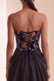 Black Velvet Lace Floral Ruched Corset A-Line Strapless Long Formal Dress