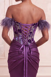 Off the Shoulder Purple Corset Ruched Mermaid Long Formal Dress with Feather