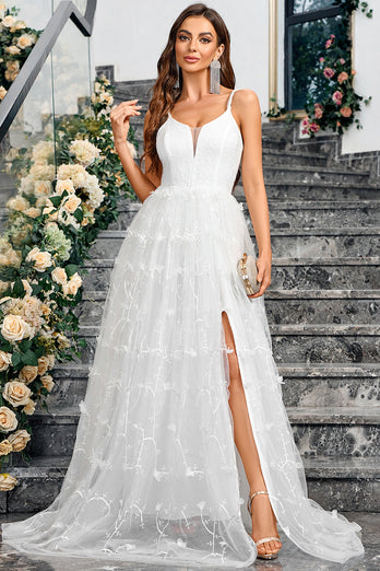 White A Line Spaghetti Straps Tulle Long Prom Dress with Slit