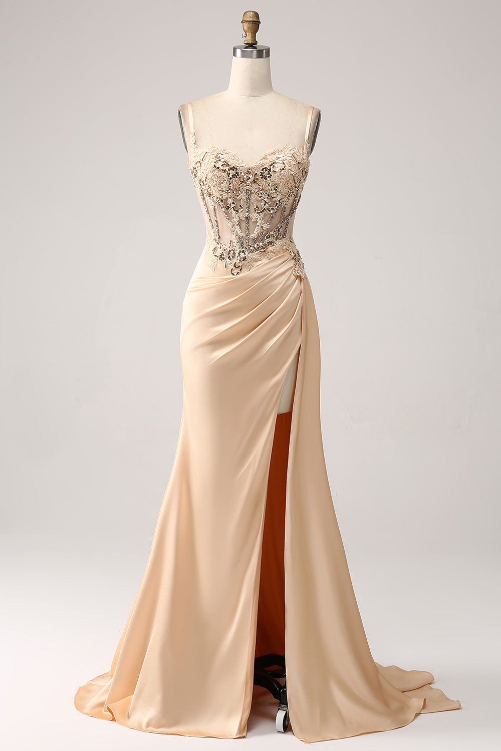 Zapaka Women Elegant Champagne Prom Dress With Slit Mermaid Pleated Satin Evening Dress With Appliques ZAPAKA UK Zapaka Women Elegant Champagne Prom Dress With Slit Mermaid Pleated Satin Evening Dress With Appliques ZAPAKA UK