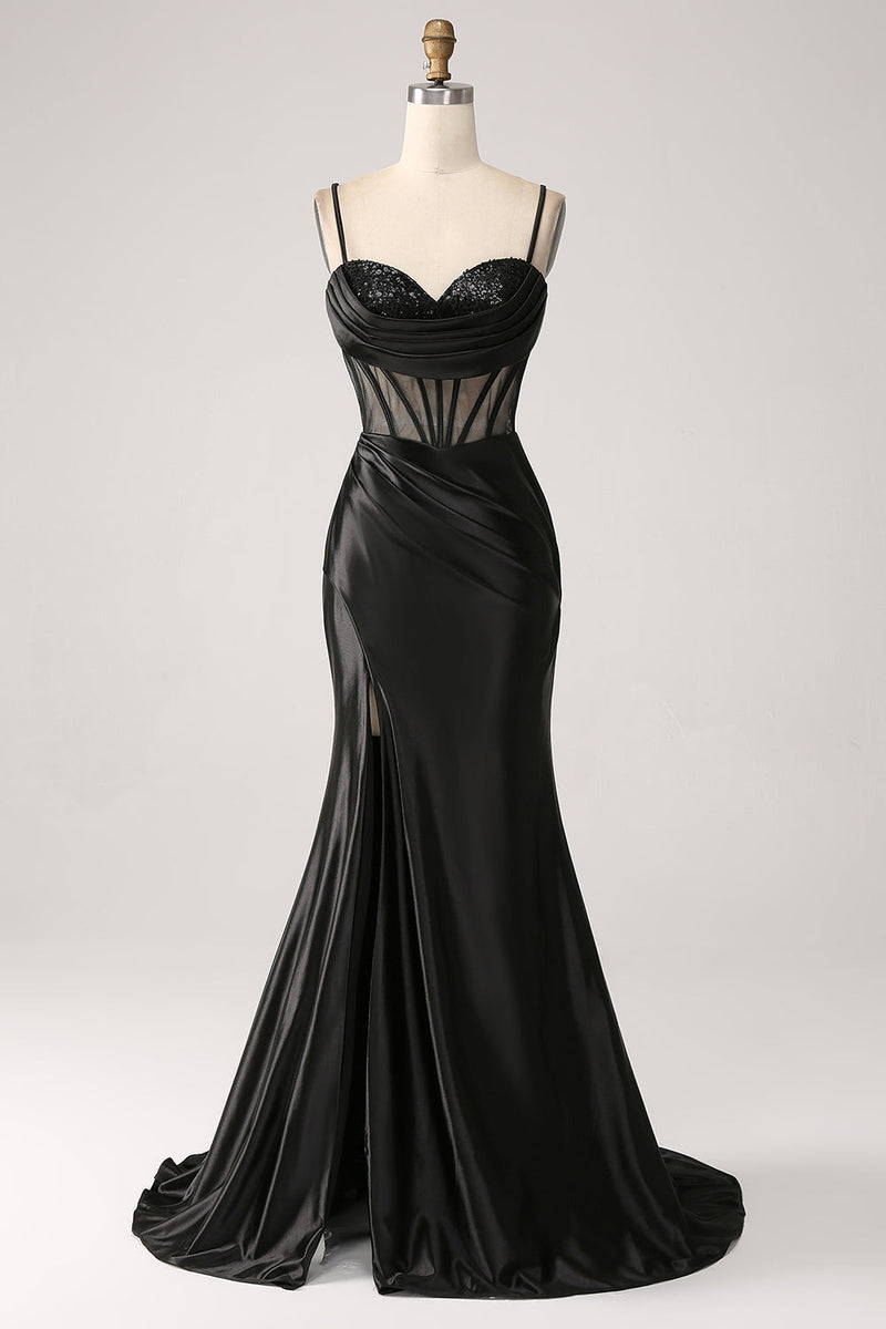 Load image into Gallery viewer, Mermaid Sweetheart Black Satin Long Prom Dress With Beading