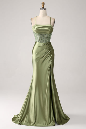 Army Green Mermaid Cowl Neckline Sequin Long Prom Dress With Slit