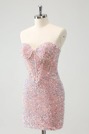 Sparkly Strapless Light Pink Tight Short Graduation Dress with Sequins