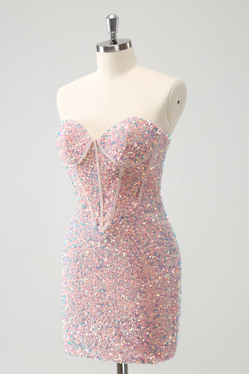 Load image into Gallery viewer, Sparkly Strapless Light Pink Tight Short Graduation Dress with Sequins