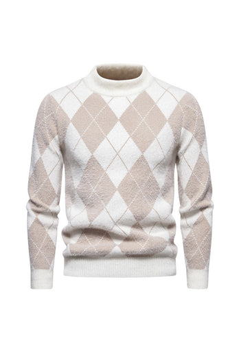 Light Khaki Men's Round Neck Knit Printed Sweater