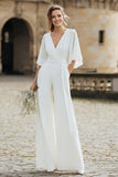 Simple Ivory V-Neck Wedding Jumpsuit with Pocket