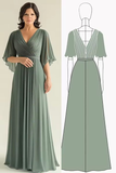 Green A-Line Pleated Chiffon Half Sleeves Long Choir Dress
