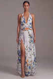 Halter Black Printed A Line Floral Dress with Slit