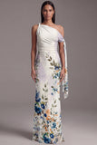 Ivory Asymmetrical Neck Sheath Printed Ruched Floral Dress