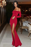 Burgundy Satin Off the Shoulder Sheath Gala Dress with Slit