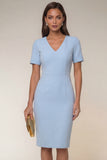 Bodycon Navy V-Neck Short Sleeves Midi Work Dress with Slit