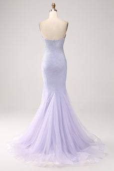 Lilac Mermaid Strapless Beaded Long Prom Dress