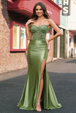 Mermaid Sage Spaghetti Straps Lace-up Back Prom Dress With Slit