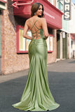 Mermaid Sage Spaghetti Straps Lace-up Back Prom Dress With Slit