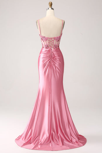 Pink Mermaid Spaghetti Straps Sequin Corset Prom Dress with Slit