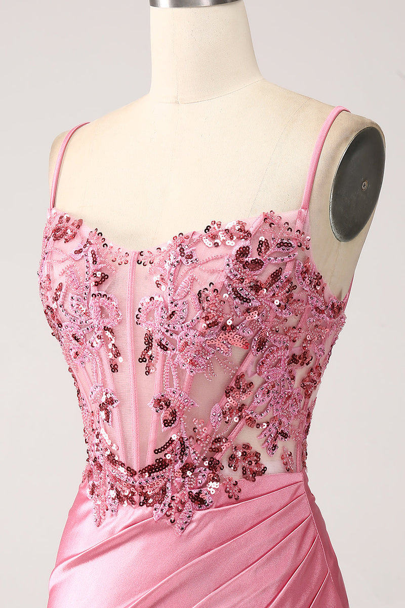 Load image into Gallery viewer, Pink Mermaid Spaghetti Straps Sequin Corset Prom Dress with Slit