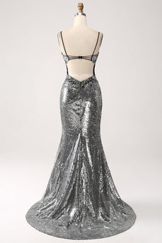 Black Sparkly Mermaid Spaghetti Straps Corset Prom Dress with Slit