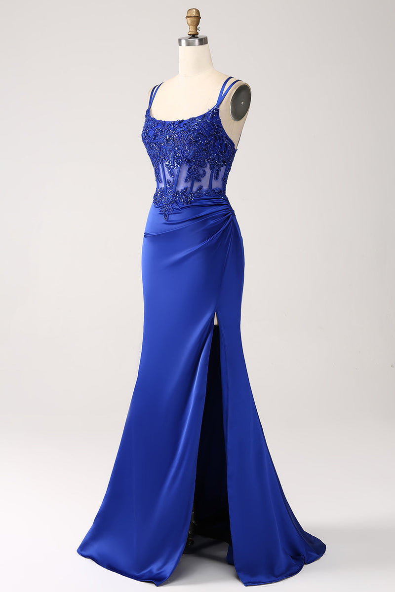 Load image into Gallery viewer, Royal Blue Mermaid Corset Beaded Long Prom Dress with Slit