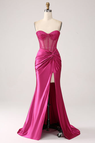 Hot Pink Mermaid Sweetheart Pleated Long Corset Satin Prom Dress With Slit