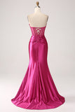 Hot Pink Mermaid Sweetheart Pleated Long Corset Satin Prom Dress With Slit