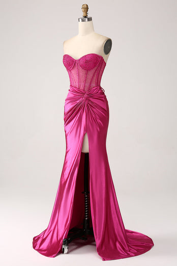 Hot Pink Mermaid Sweetheart Pleated Long Corset Satin Prom Dress With Slit