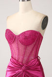 Hot Pink Mermaid Sweetheart Pleated Long Corset Satin Prom Dress With Slit